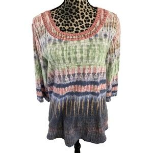 One World Blouse 1x Multicolored Tie Dye Boho Hippie Round Neck